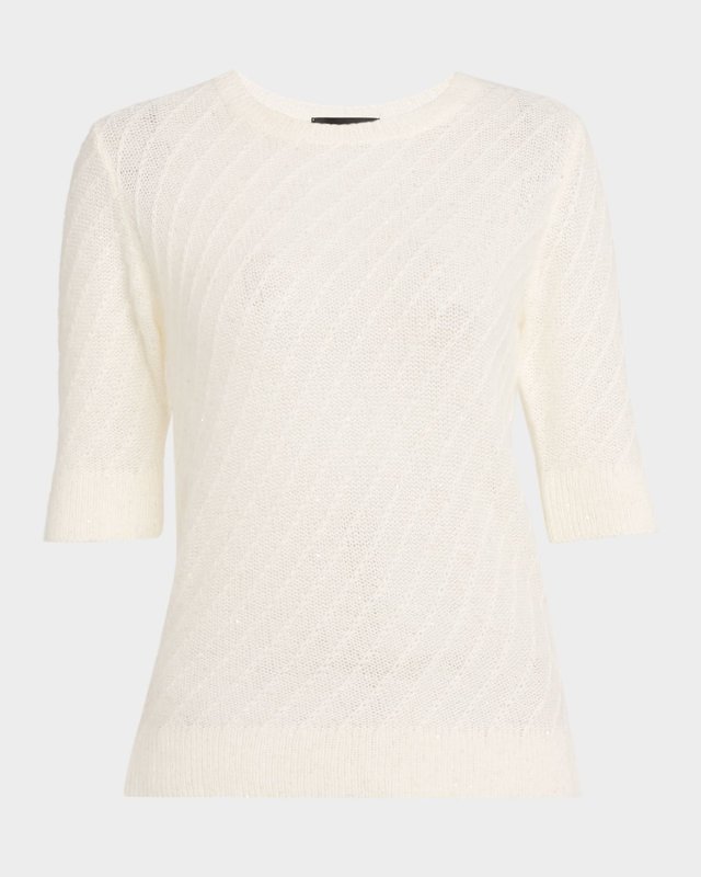 Elbow-Sleeve Crewneck Sequin Sweater